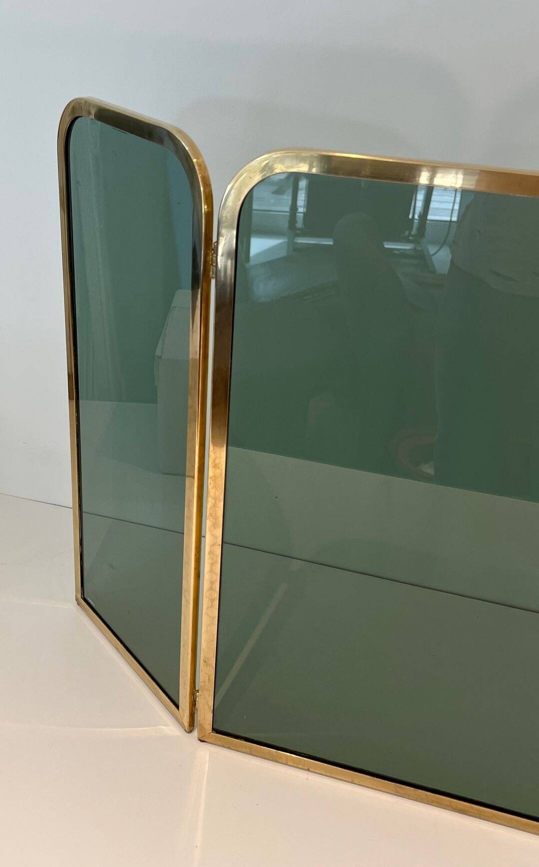 Three-Panel Folding Fire Screen in Tinted Green Glass with Brass Frame