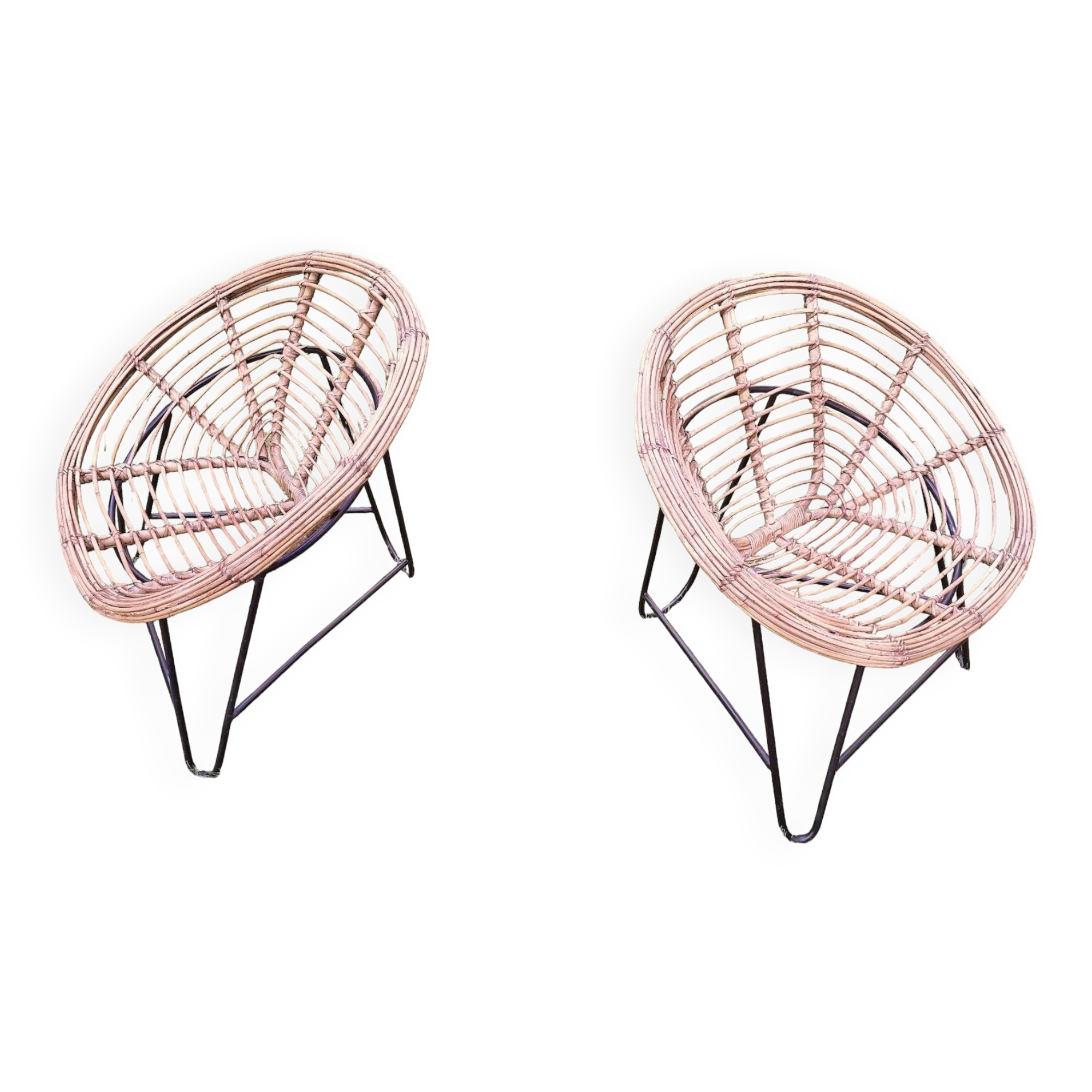 Pair of mid century bamboo and iron pod chairs, 1960s