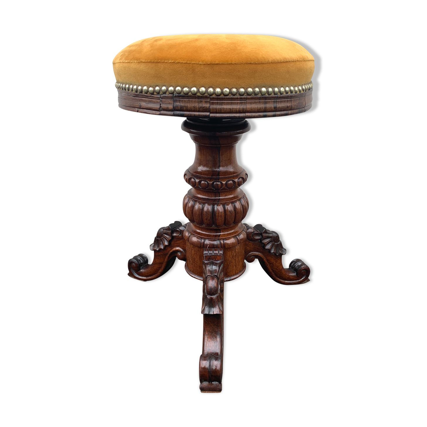 Height-adjustable Napoleon III piano stool, made of wood and yellow velvet