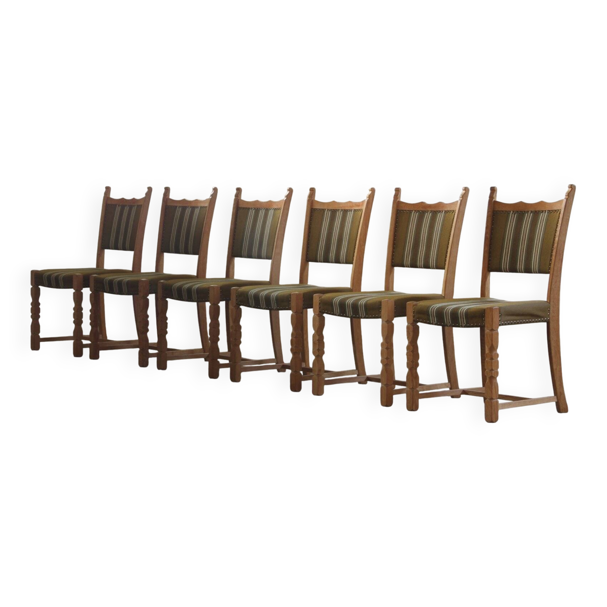 Danish modern brutalist oak dining chairs by Henning Kjærnulf, 1960s, set of 6