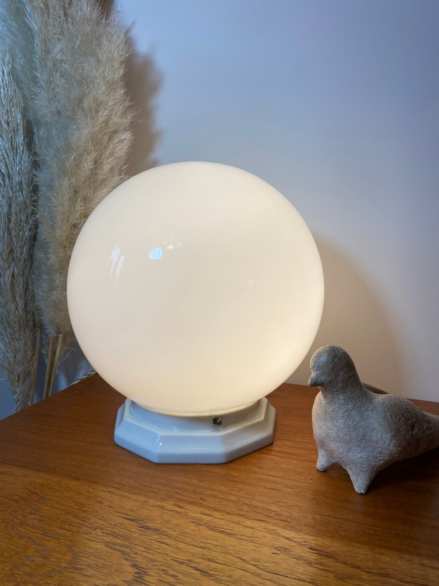 Vintage table lamp opaline ball and earthenware base