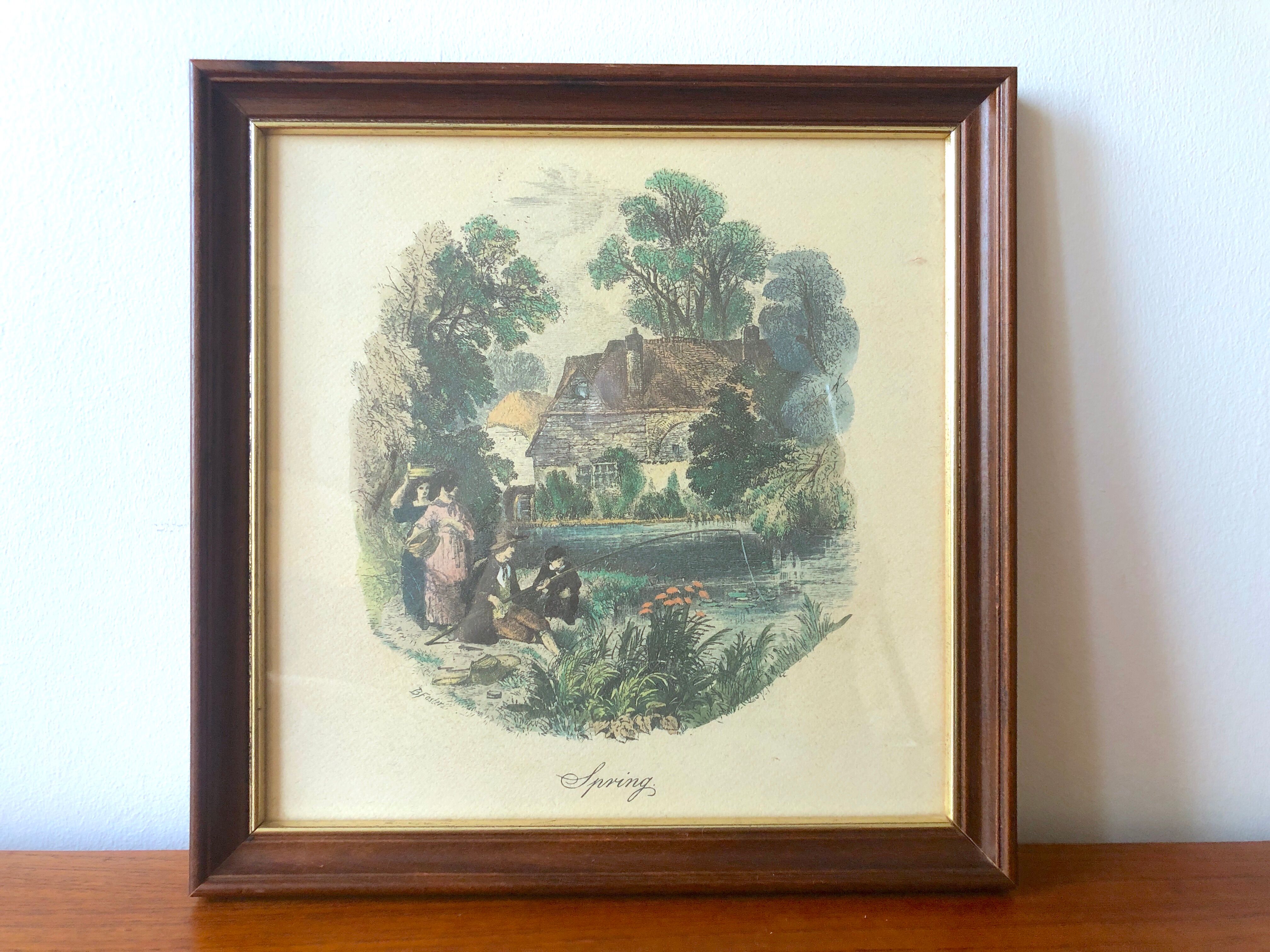 Set of 4 framed antique prints - 4 seasons