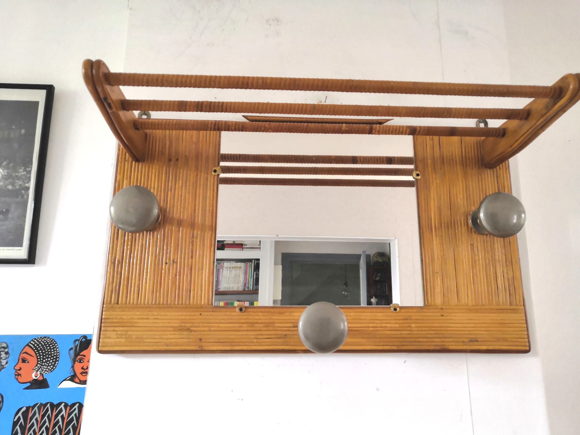 Wardrobe wall coat holder in rattan and steel design 50s - 60s