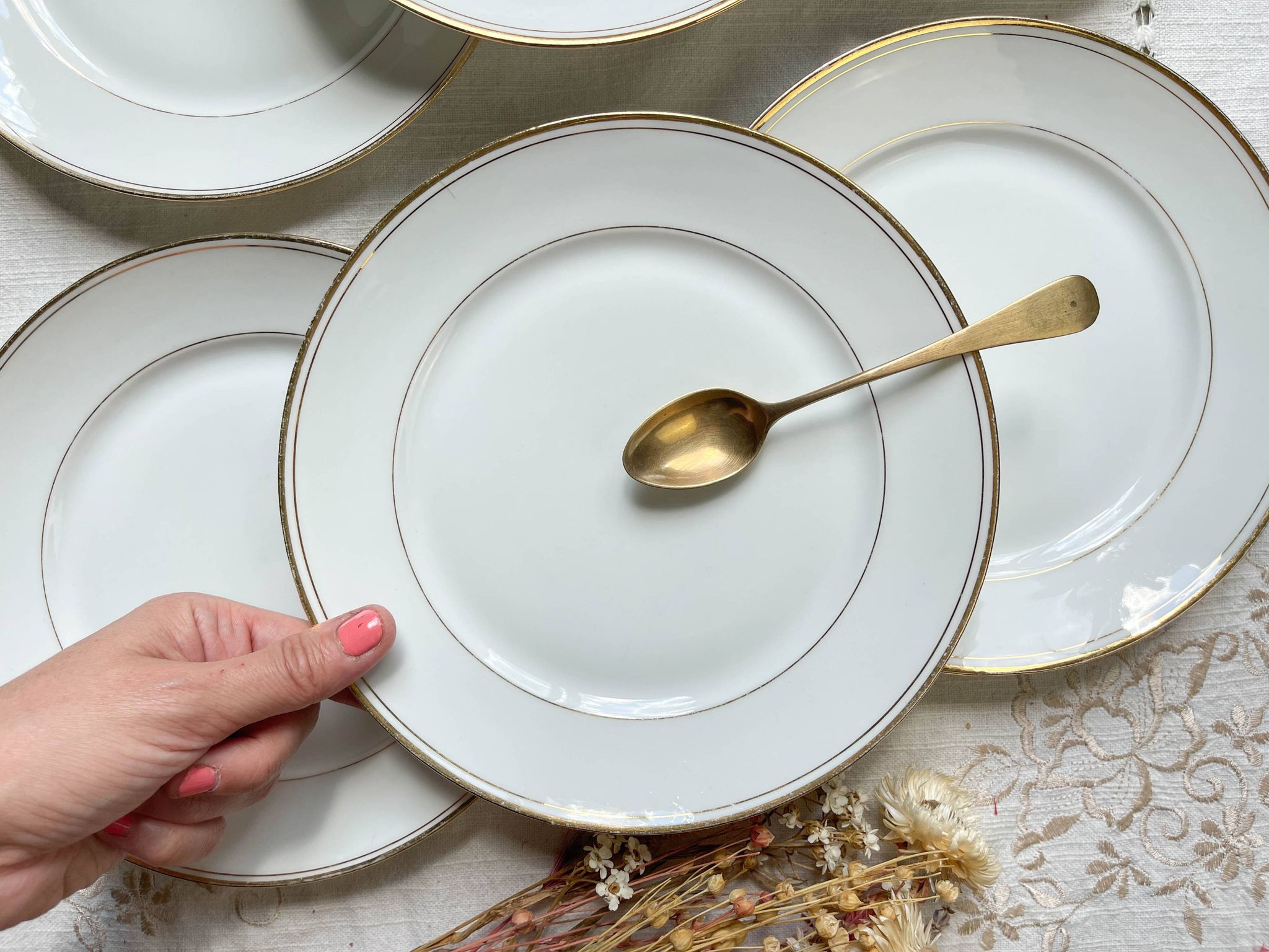 6 Small vintage French plates in golden white Limoges porcelain