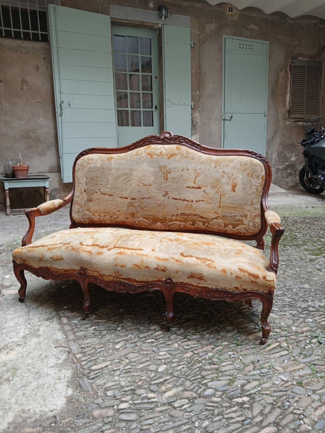Louis XV style sofa late 19th century in walnut wood and Arras tapestry