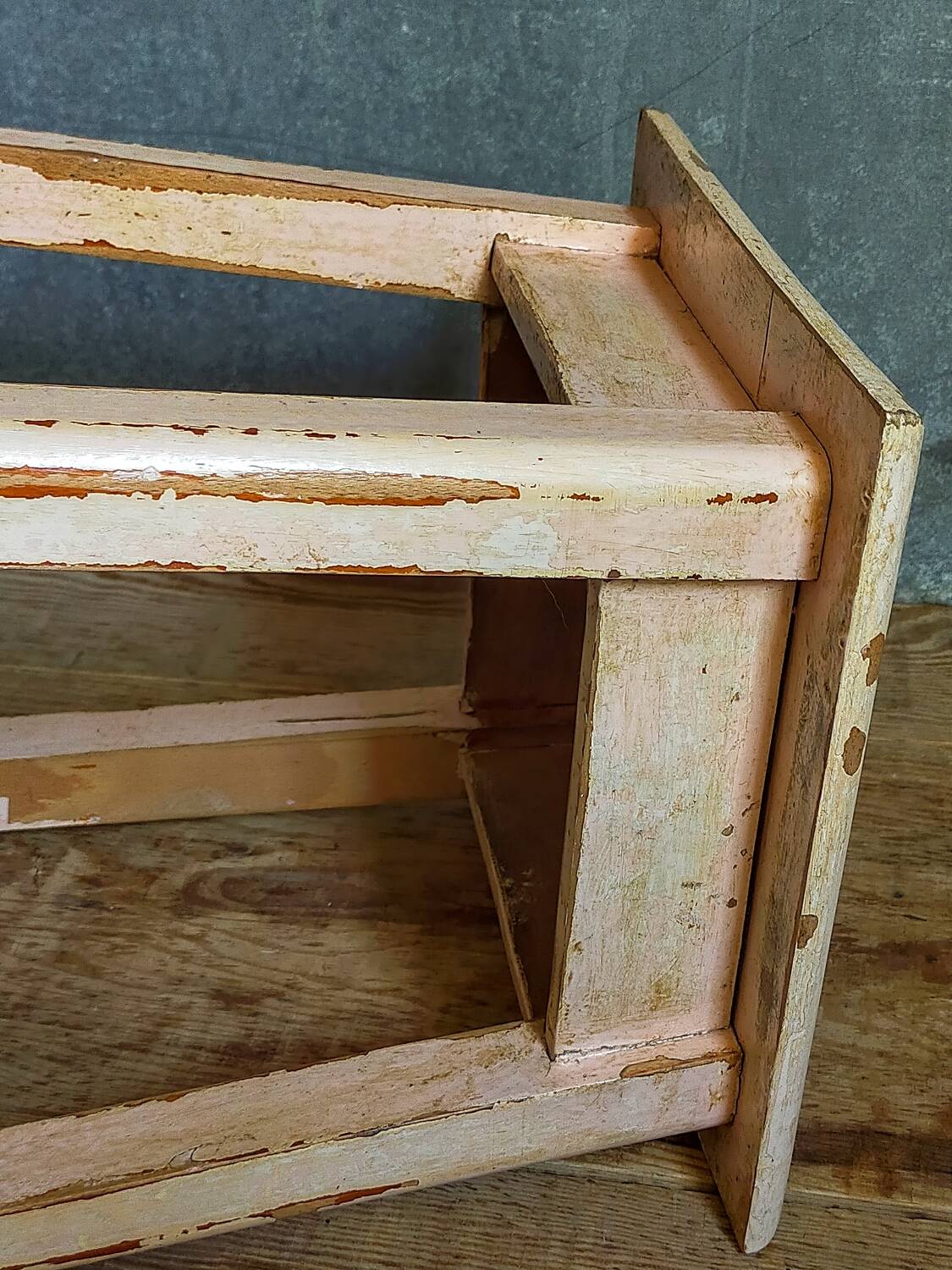 Antique workshop stool in patinated solid wood