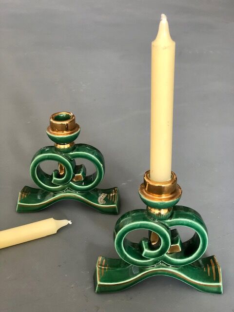 Green and gold candle holders in glazed ceramic
