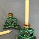 Green and gold candle holders in glazed ceramic