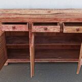 Wooden sideboard with red highlights