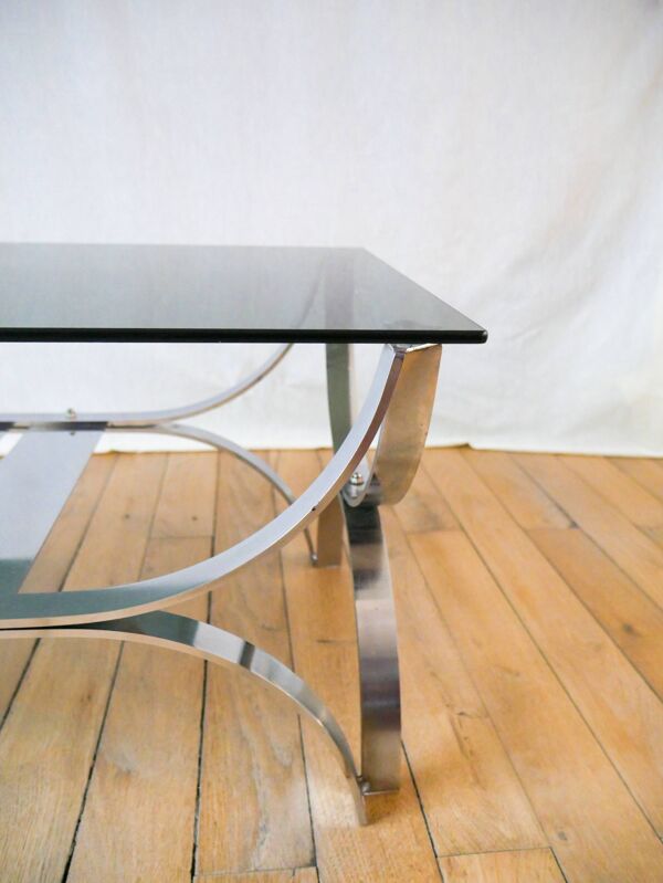 table basse rectangulaire en verre fumé et chrome double plateaux Design 1970