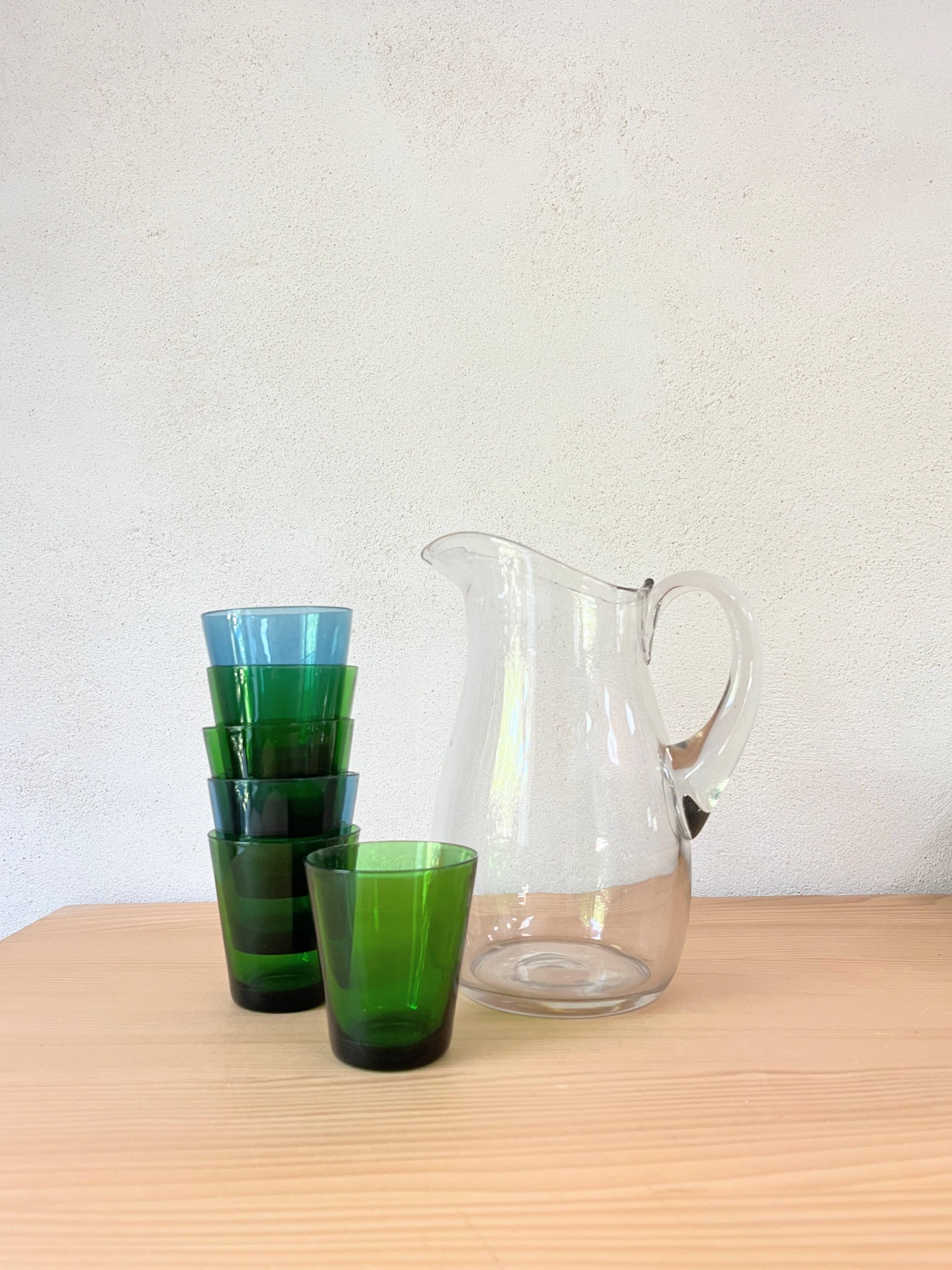 6 verres Vereco verts et bleus Vintage