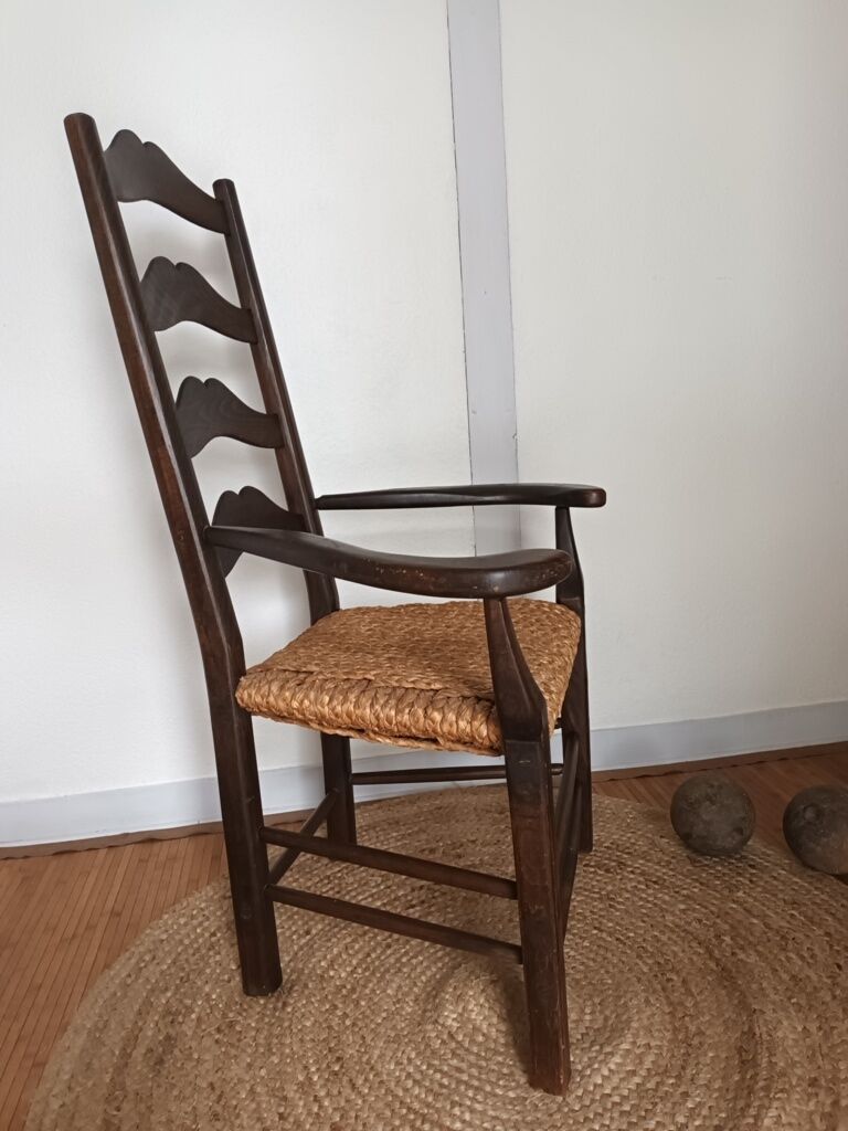 Brutalist armchair in woven straw