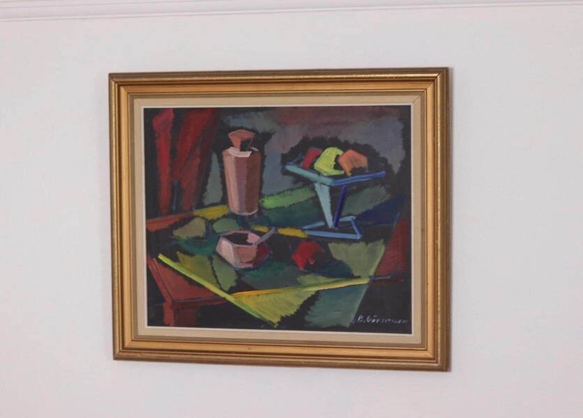 Original mid-century Swedish oil on canvas – “Kubisk Still Life” by Bror Göransson – vintage & framed – 75 × 64 cm (29.5" × 25.2")