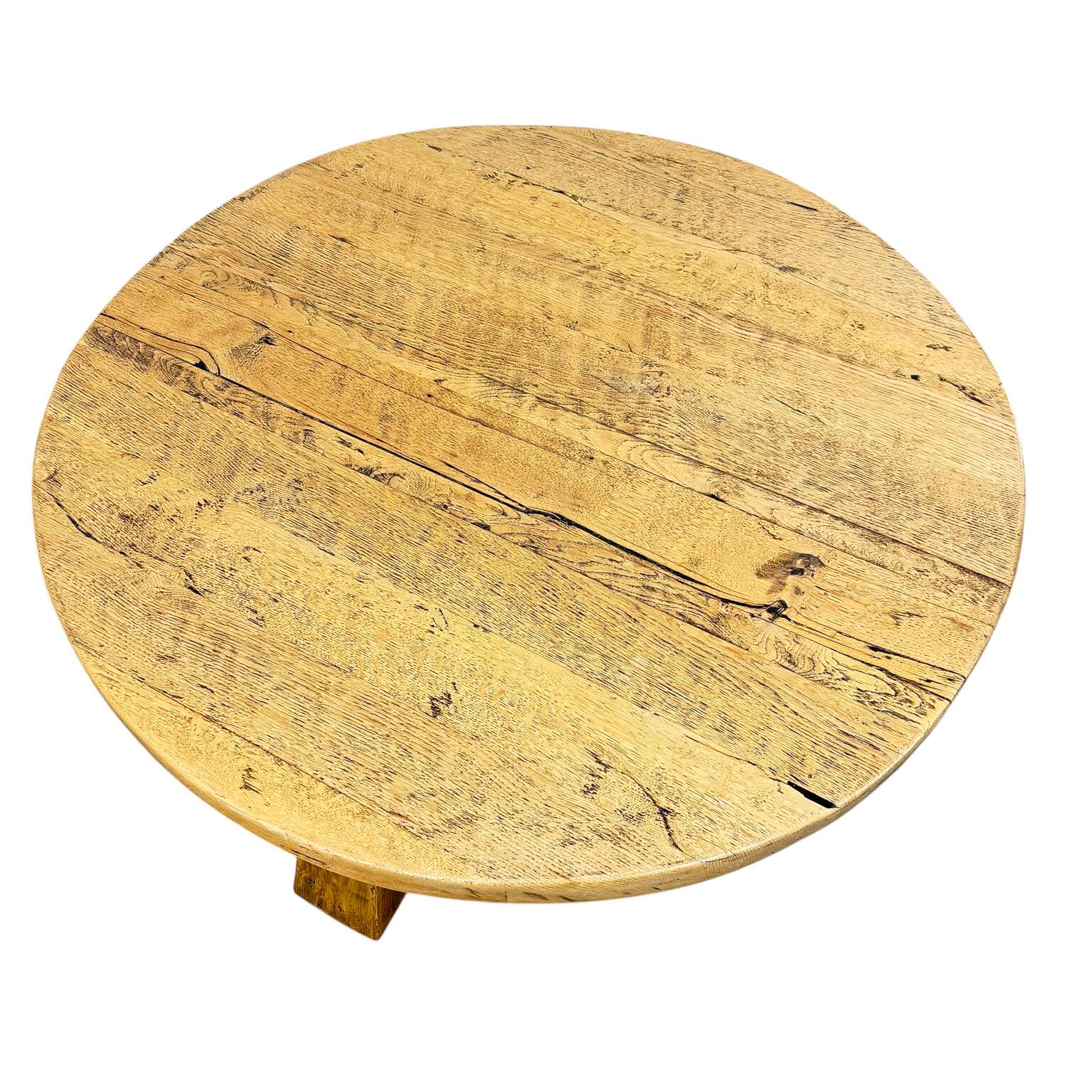 Rustic Solid Oak Coffee Table – Round Brutalist Style – Vintage European De
