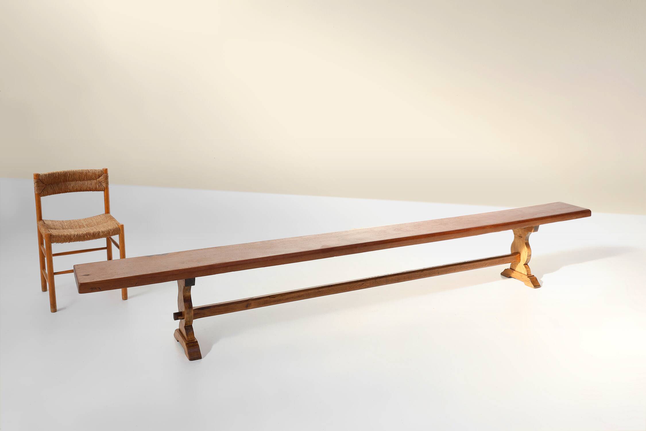 French Extra long solid elm wooden monastery bench, ca. 1850