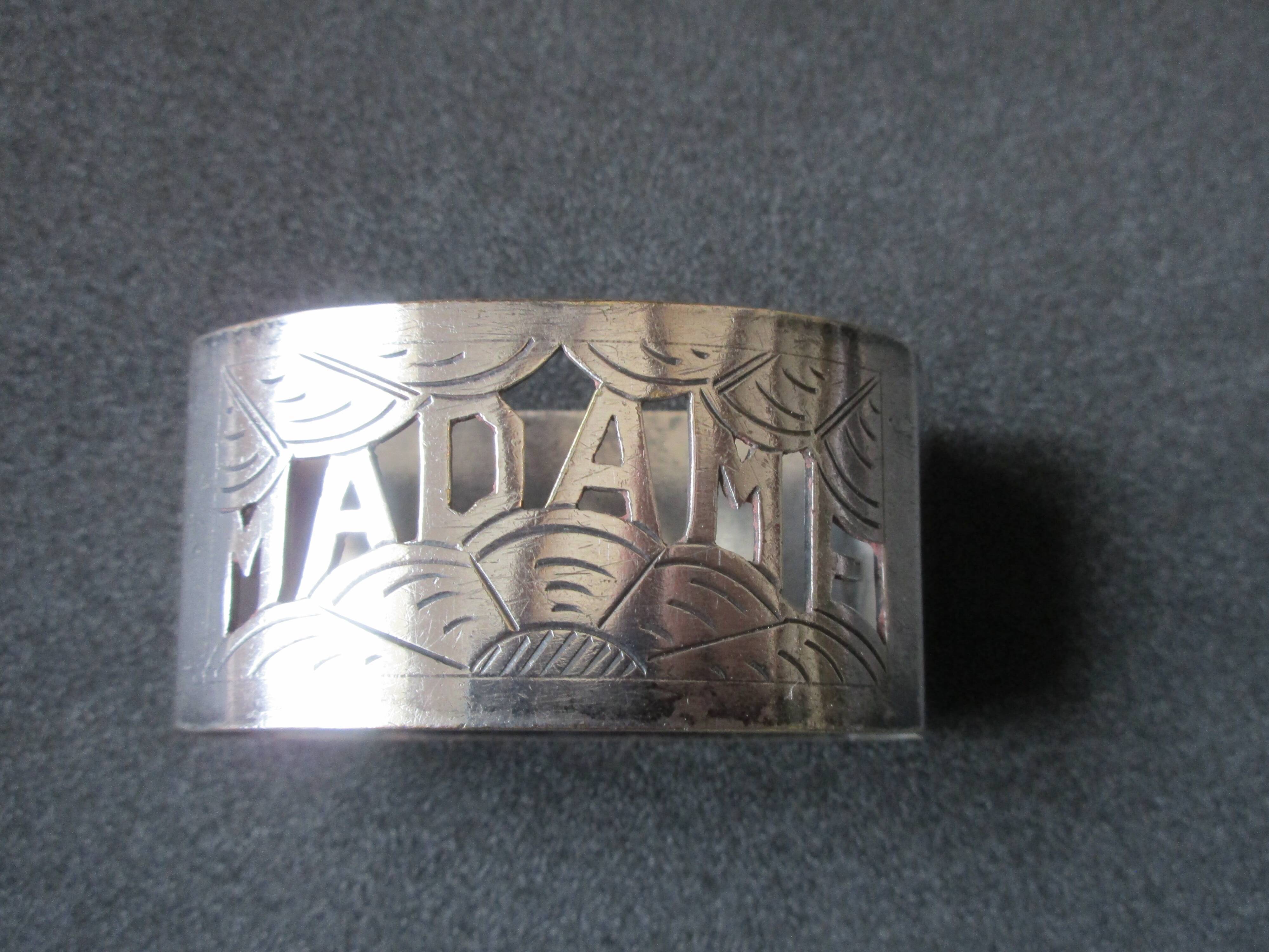 Art deco towel rings "madame" "sir" in silver metal