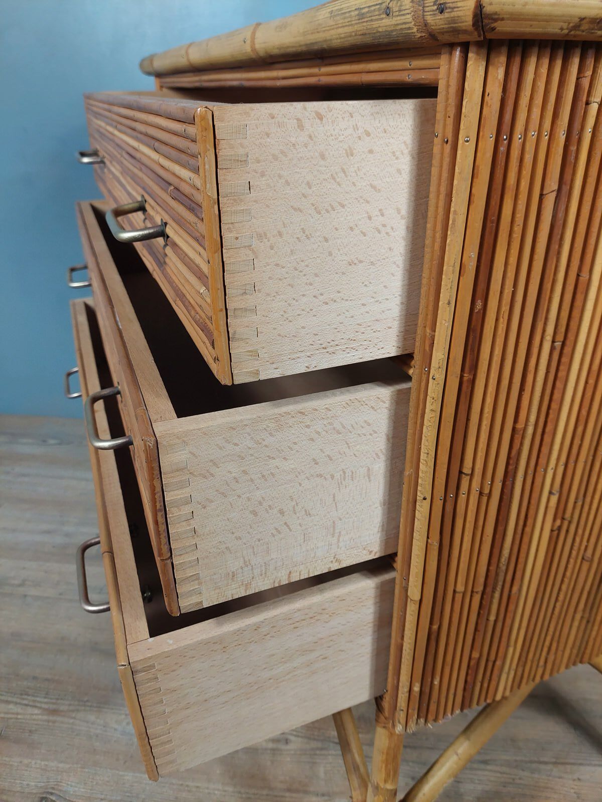 Commode vintage en bambou et rotin