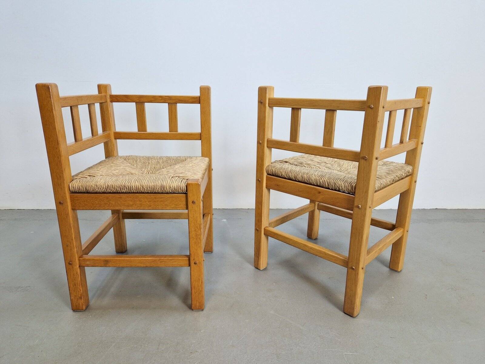 Dutch Modernist Art Deco Style Corner Chair in Oak and Rush, 1950s, Set of 2