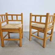 Dutch Modernist Art Deco Style Corner Chair in Oak and Rush, 1950s, Set of 2