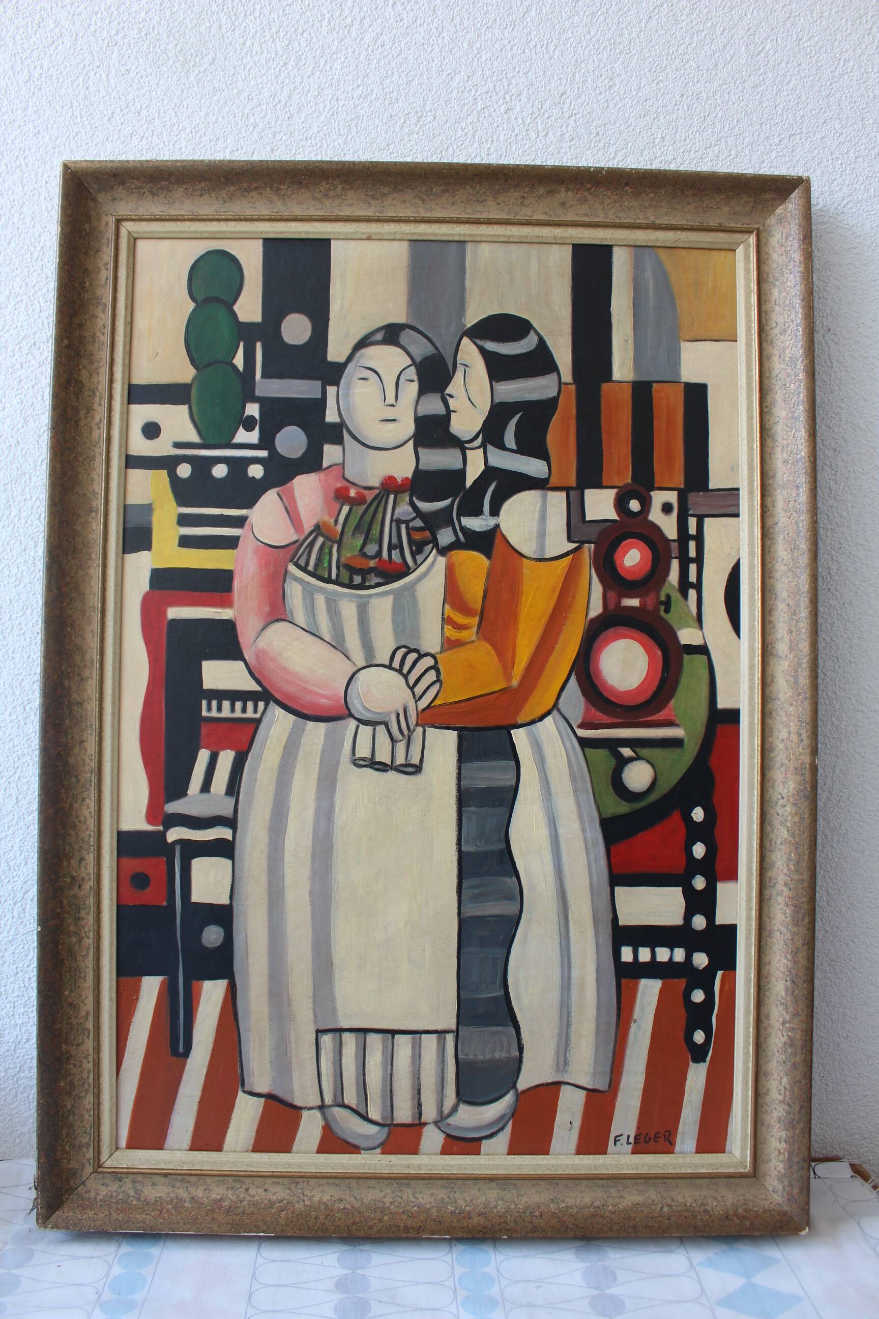 Composition moderne française, peinture à l'huile encadrée, années 1960