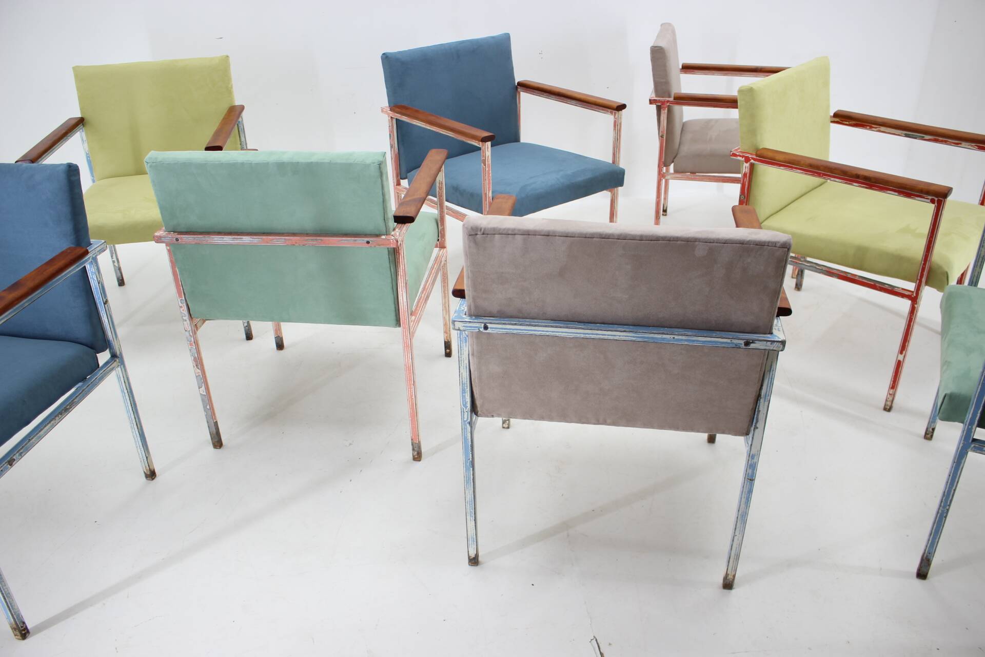 1960s Set of Eight Iron and Wood Armchairs/Dining Chairs,Czechoslovakia