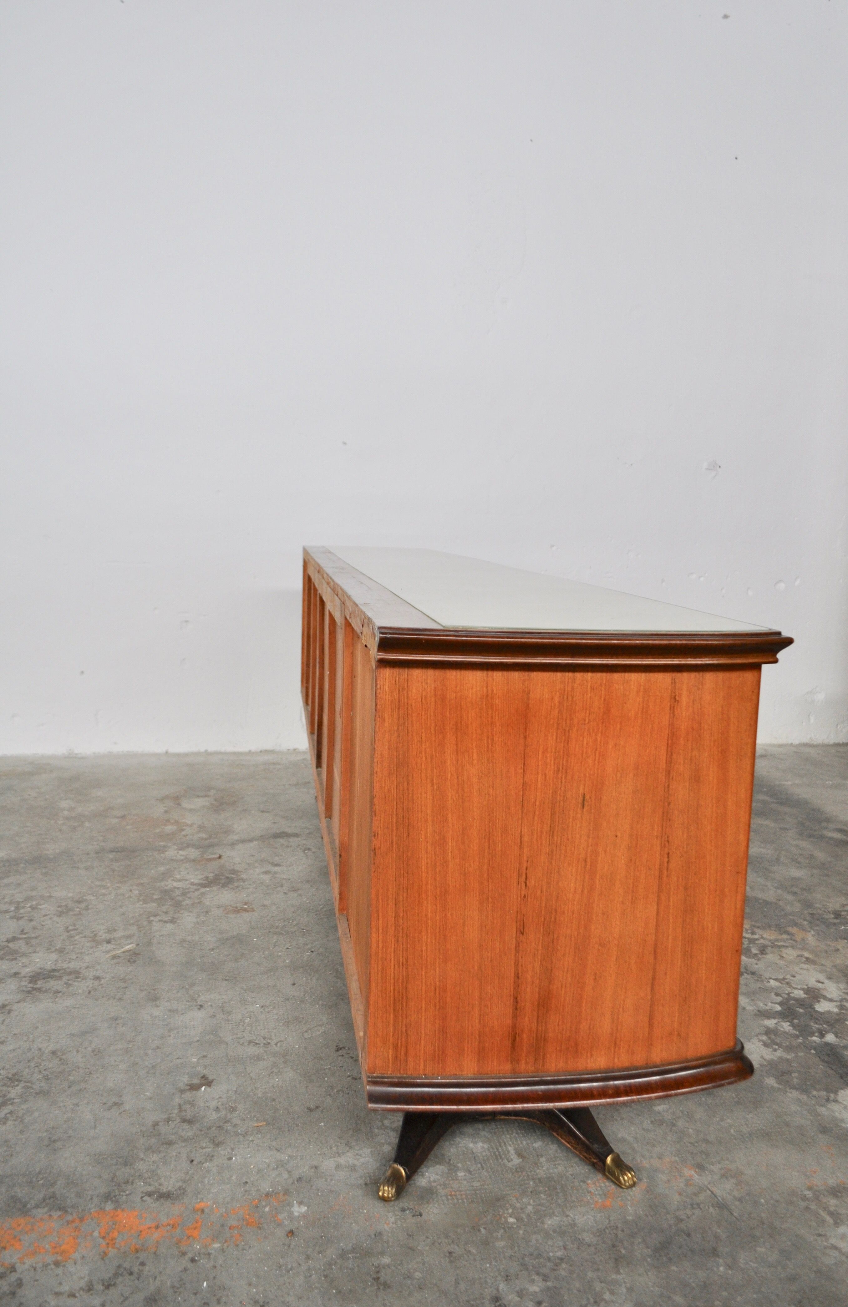 Mahogany, Pearwood, Brass & Marbled Back-Lacquered Glass Top Sideboard with Mirror from F.lli Rigamo