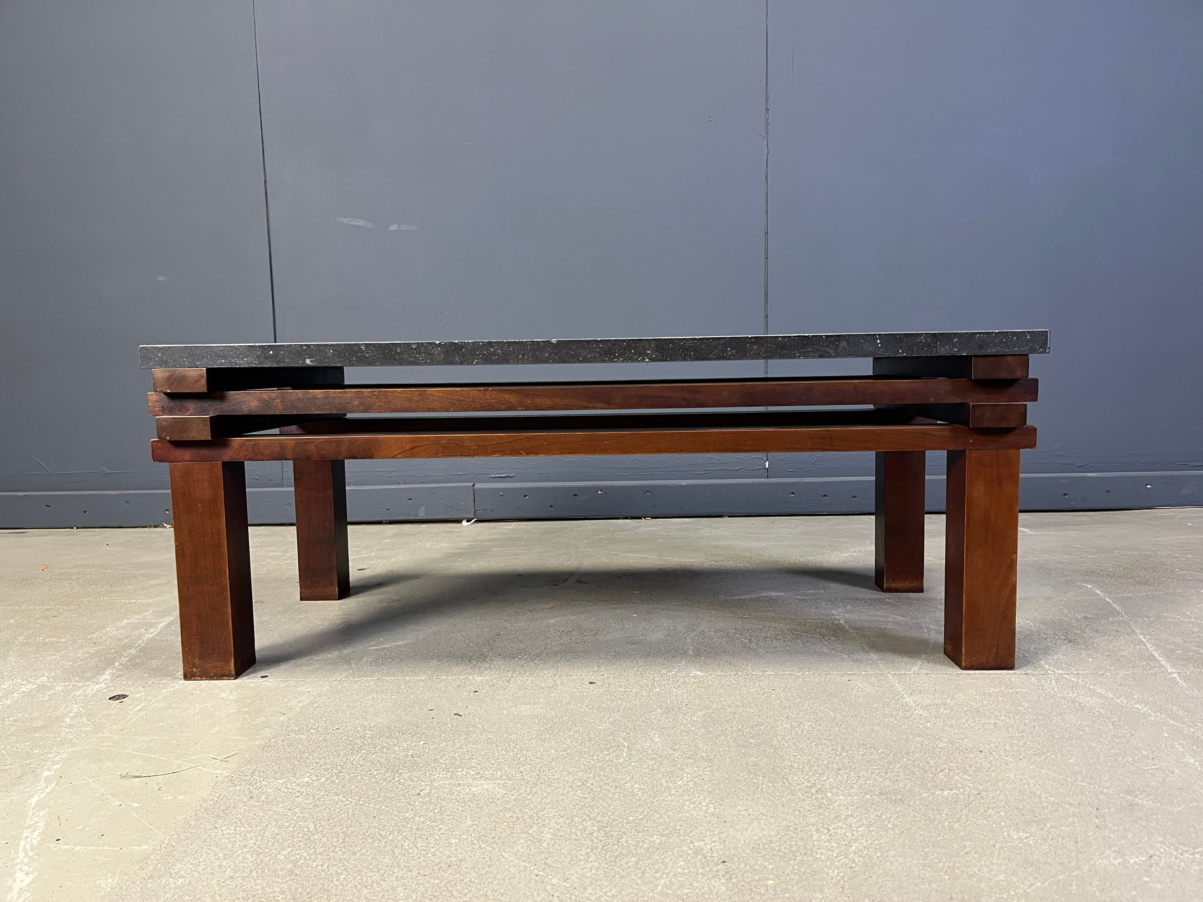 Vintage wooden and stone top coffee table, 1970s