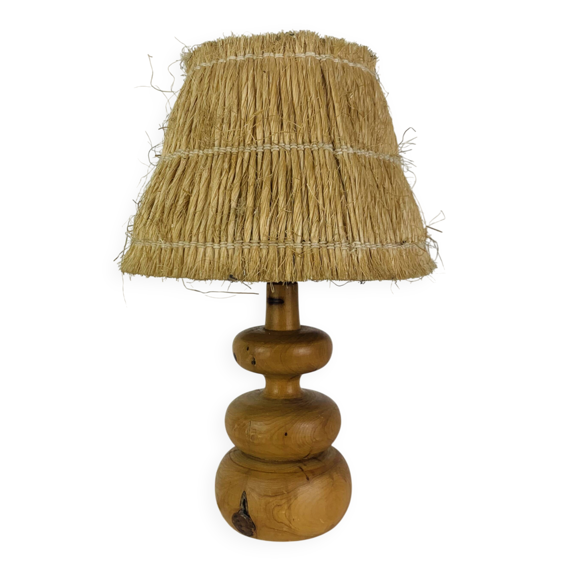 Turned wood lamp with straw shade, 1960s, vintage