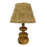 Lampe bois tourné abat jour paille, années 60, vintage