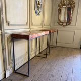 Pair of contemporary consoles in marble and metal.