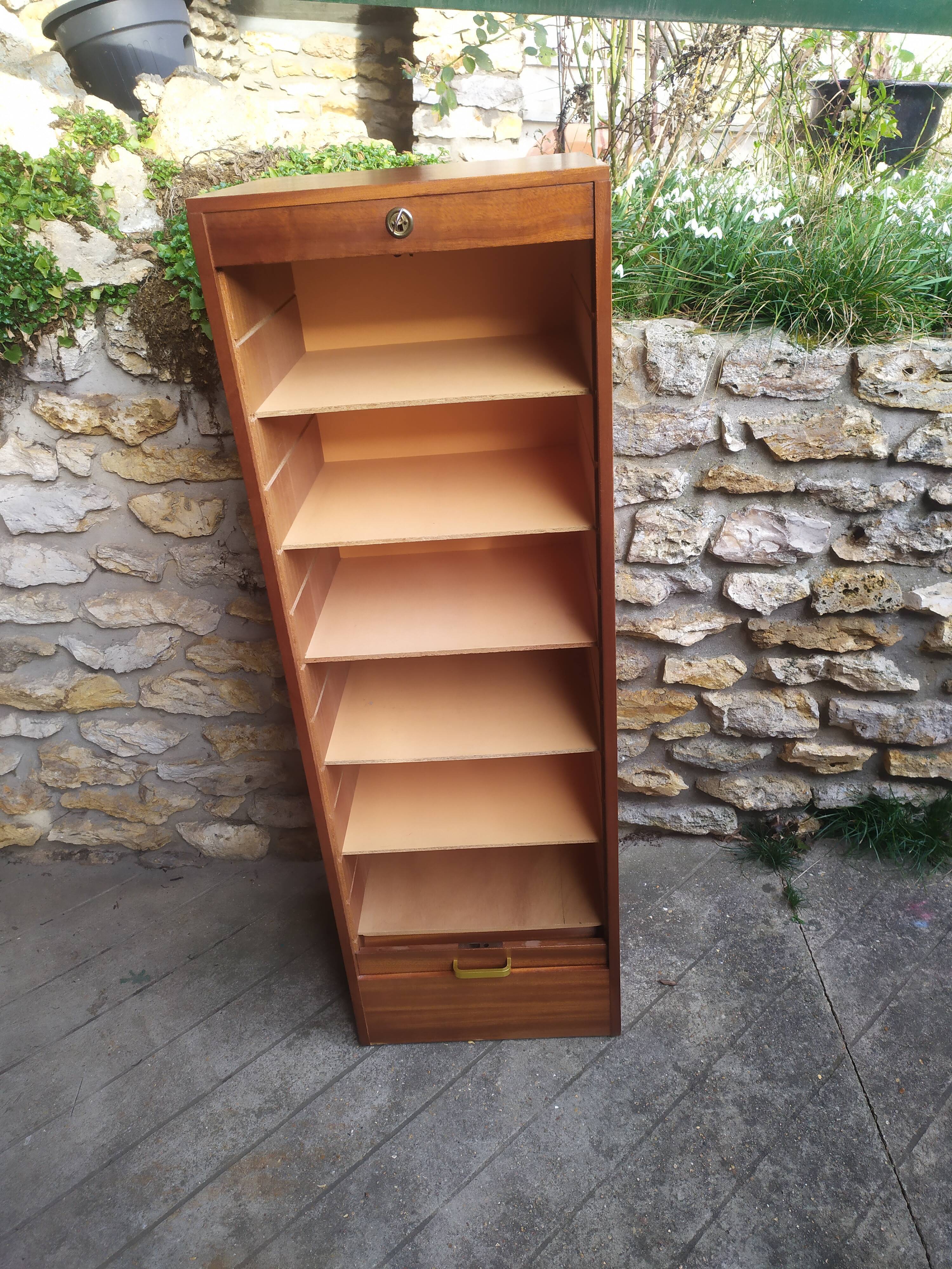 Wooden curtain filing cabinet, good general condition some traces of wear.