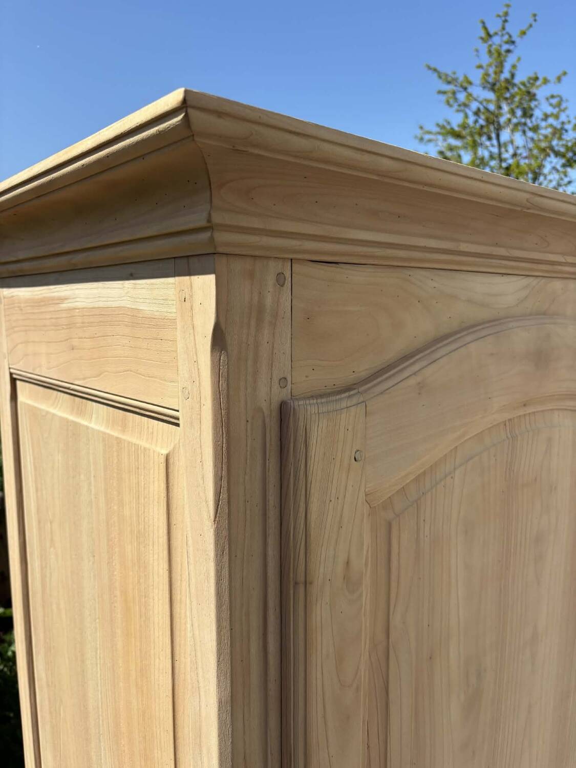 Wooden bonnetière, wardrobe/cupboard in raw wood.