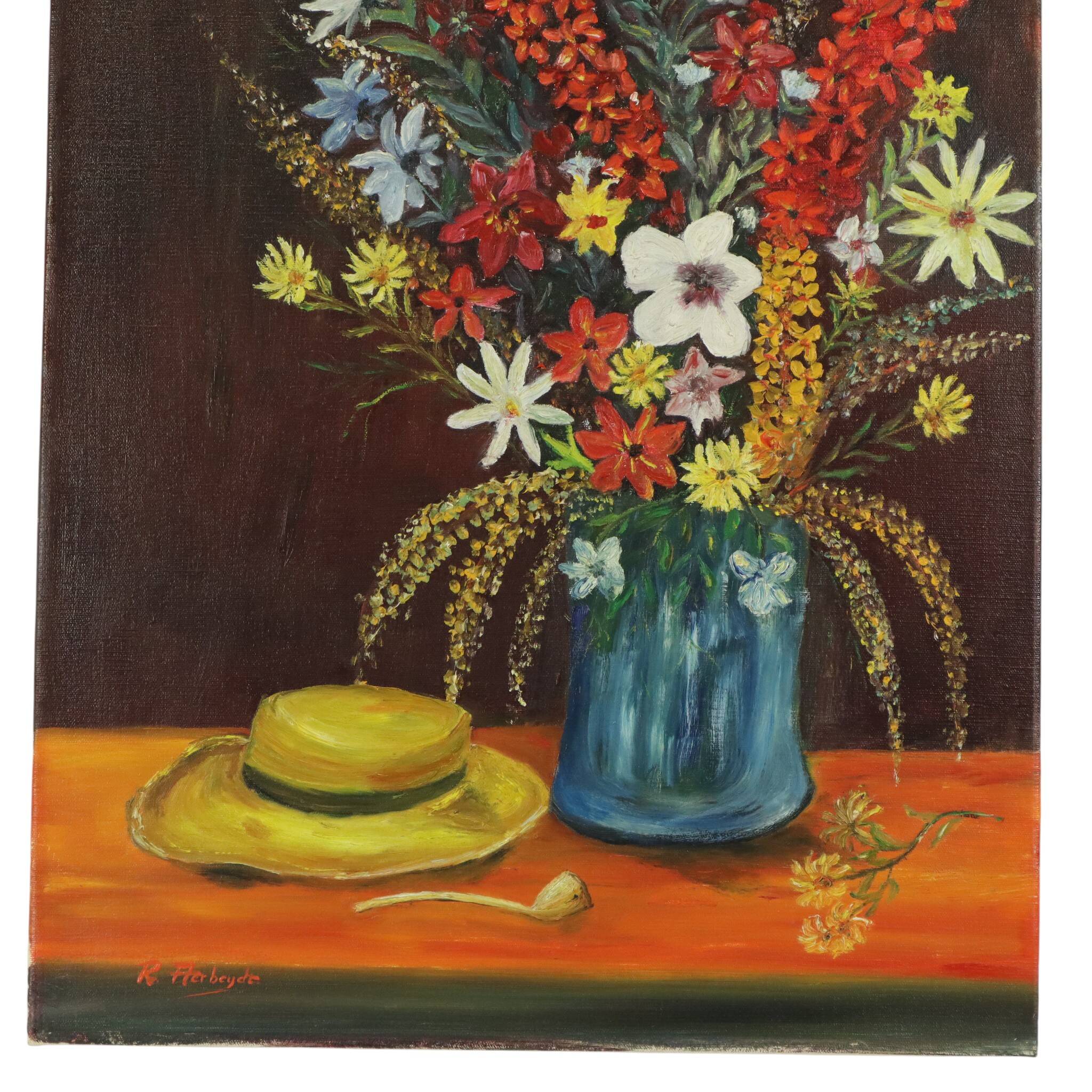 Flowers with Hat Still Life Painting Signed 60x50cm
