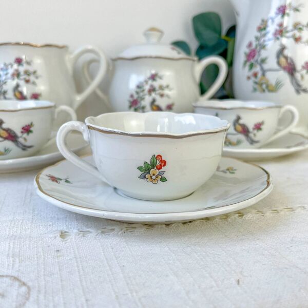 Service à thé vintage Digoin Sarreguemines – Modèle Corde – Motif Oiseau de Paradis