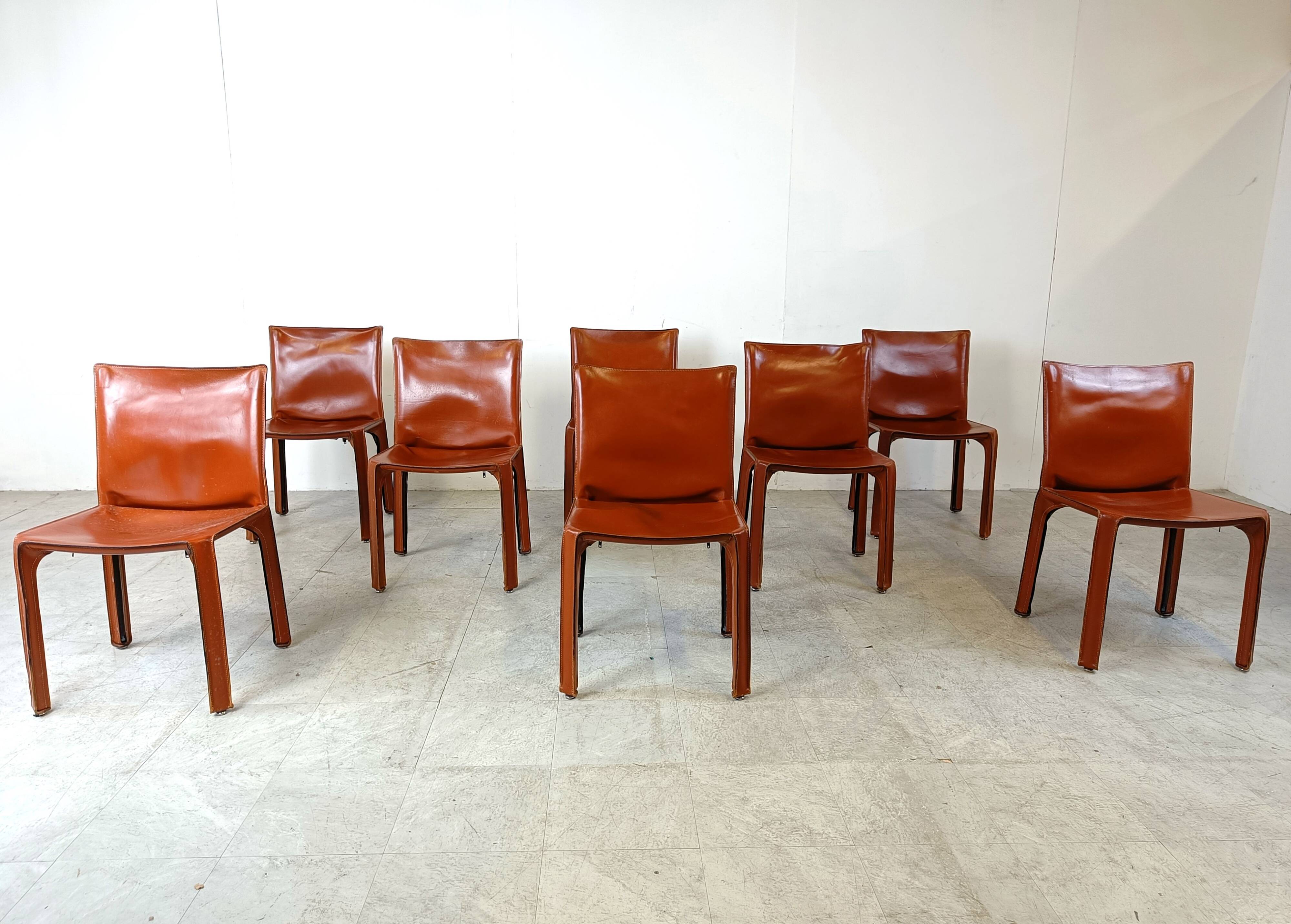 Red leather dining chairs Italy, 1970s - set of 8