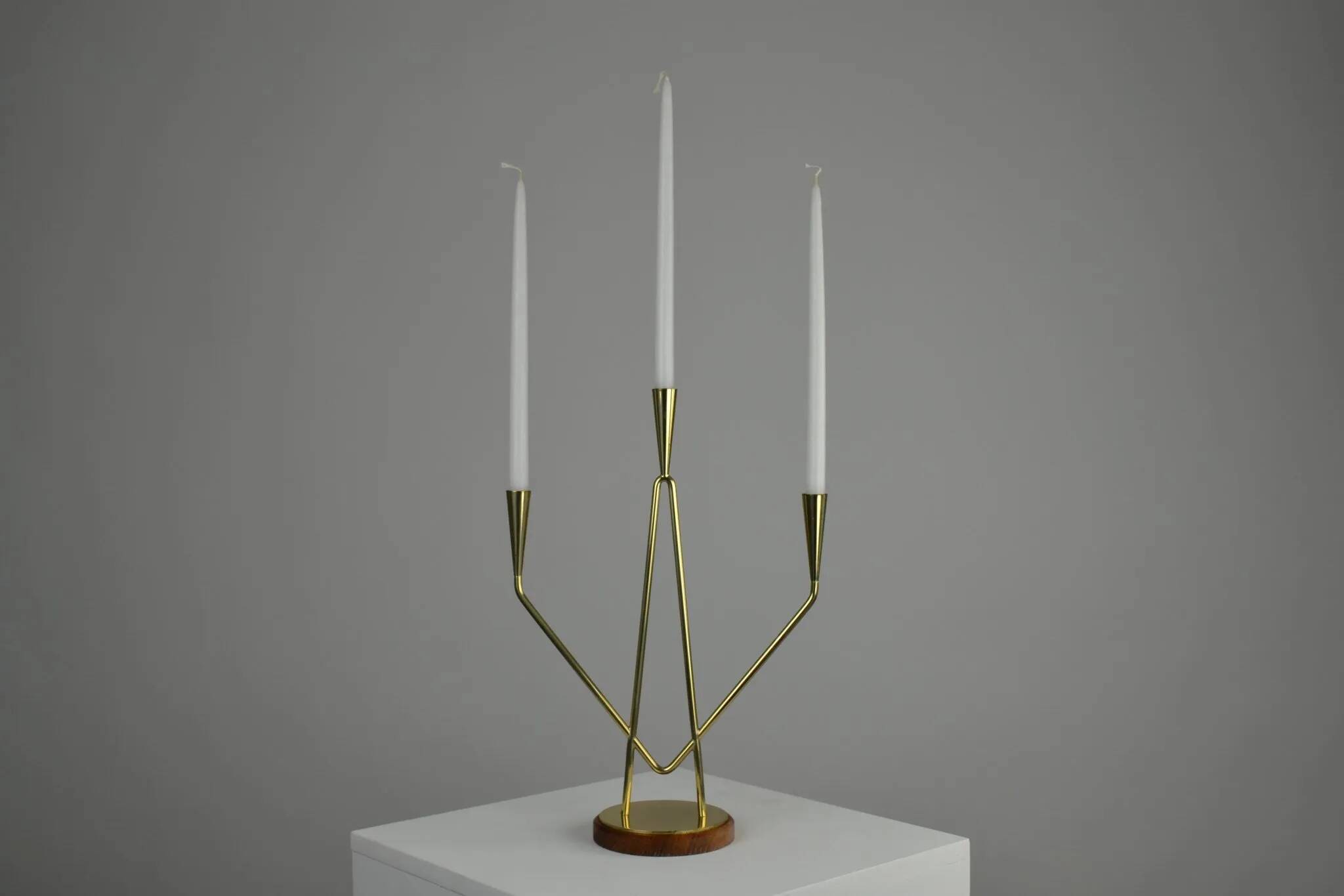 Brass and Teak Candelabra by Gunnar Ander for Ystad-Metall, Sweden, 1950s
