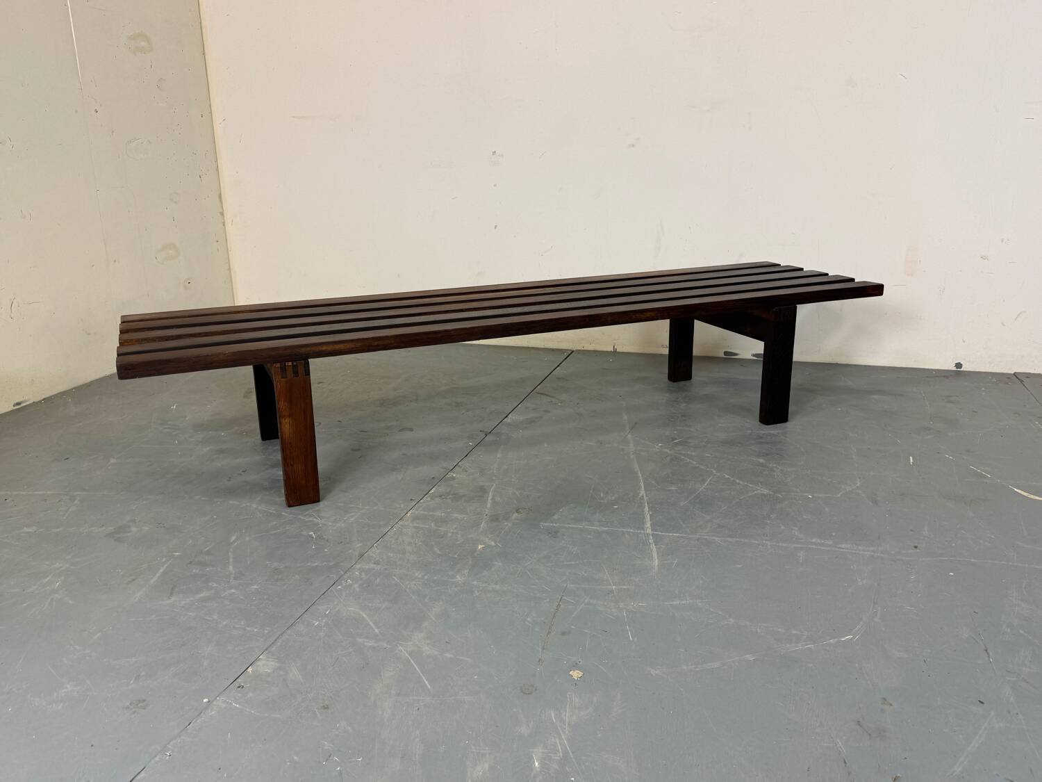 Mid-Century Modern Brown wood Slatted coffee table bench, 1970s