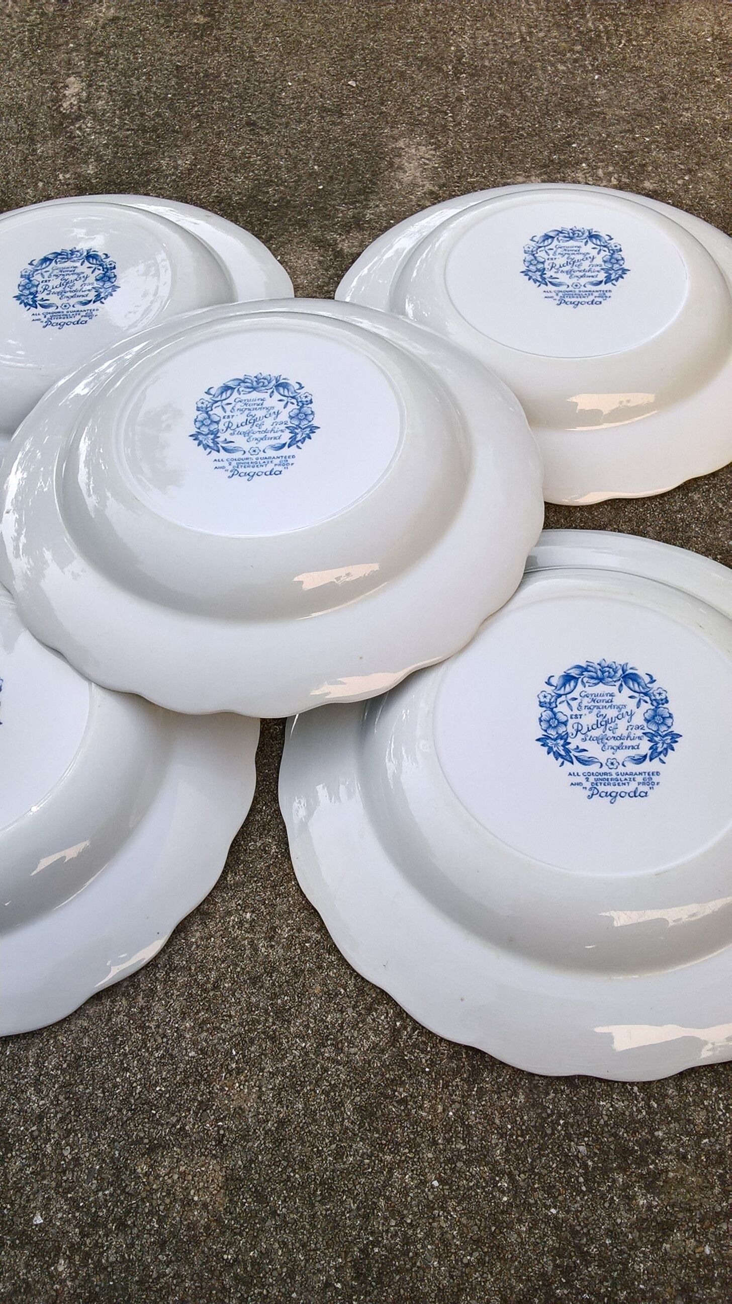 Ridgway "Pagoda" Staffordshire white and blue soup plates