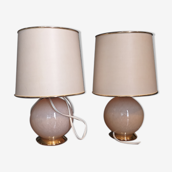 Pair of golden pink globe bedside lamps