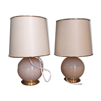 Pair of golden pink globe bedside lamps