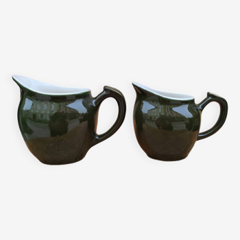 Set of two vintage French milk jugs in green and white, C.P &Co, Mehun Pillivuyt porcelain