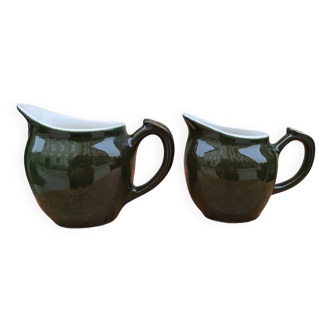Set of two vintage French milk jugs in green and white, C.P &Co, Mehun Pillivuyt porcelain