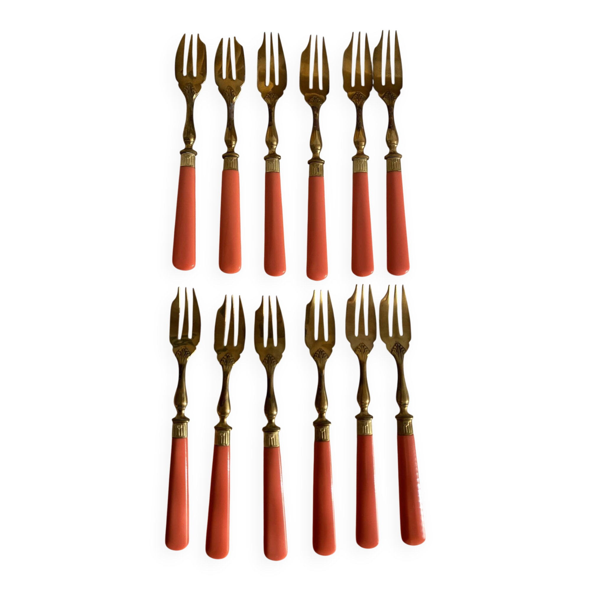 Set of 12 coral and gold dessert forks