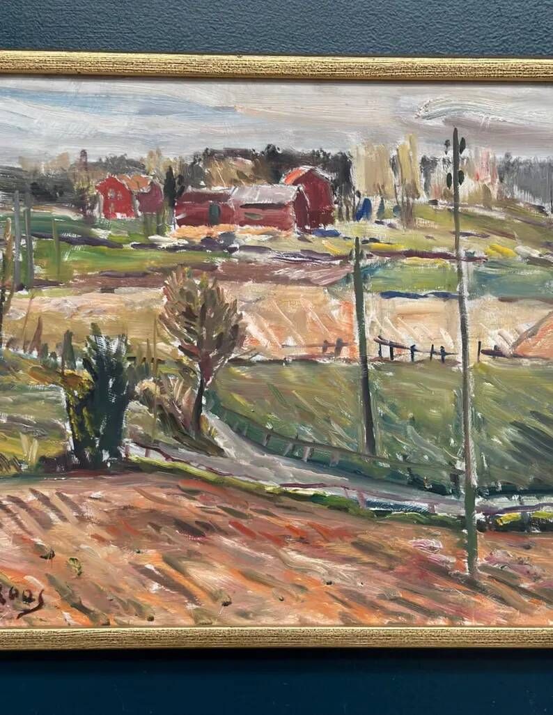 Original Swedish Oil on Panel – “Landscape” by Alexander Roos (1895–1973) – Signed – Vintage & Framed – 48 × 41 cm