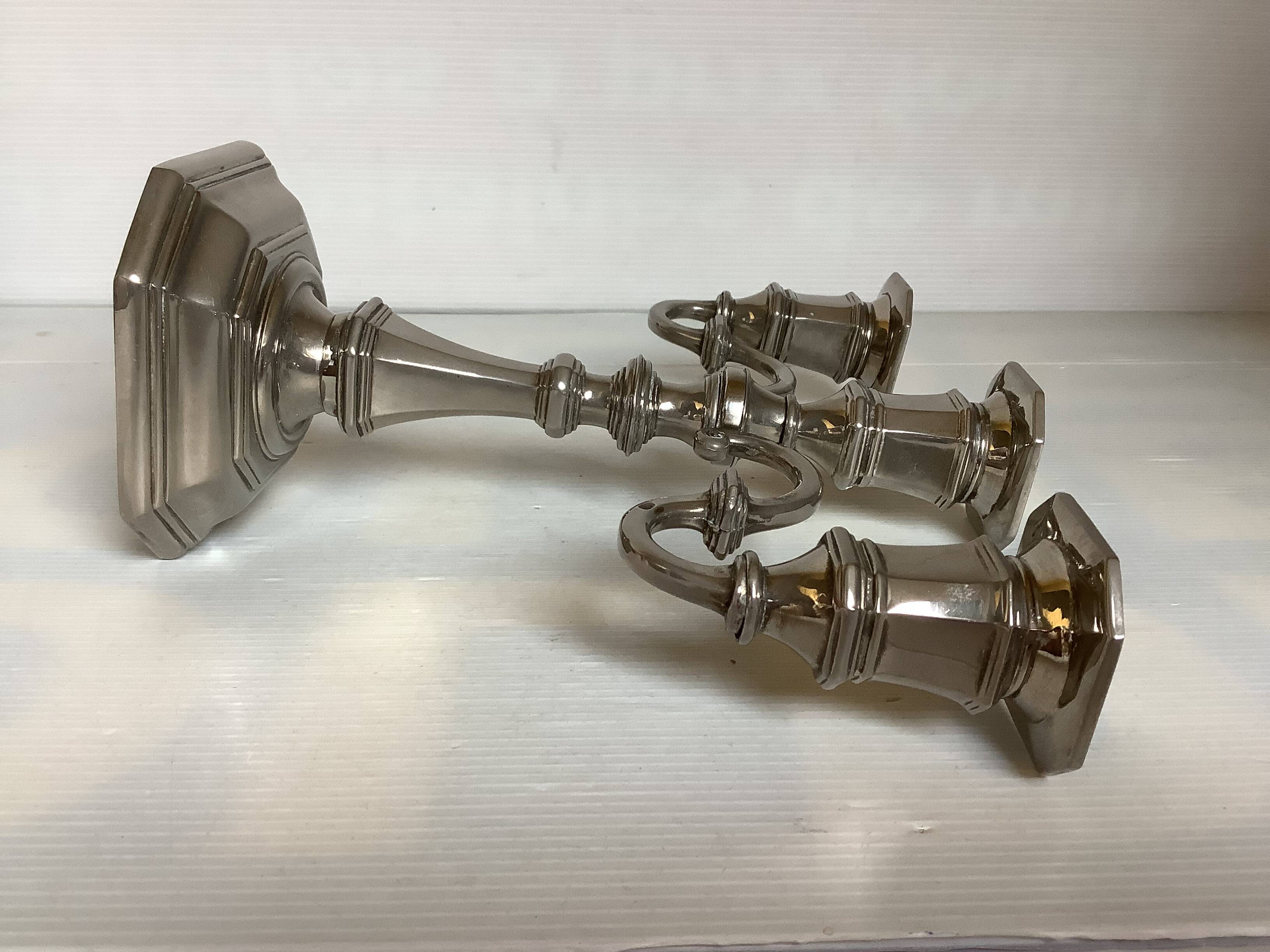 Large silver-plated metal three-light candlestick