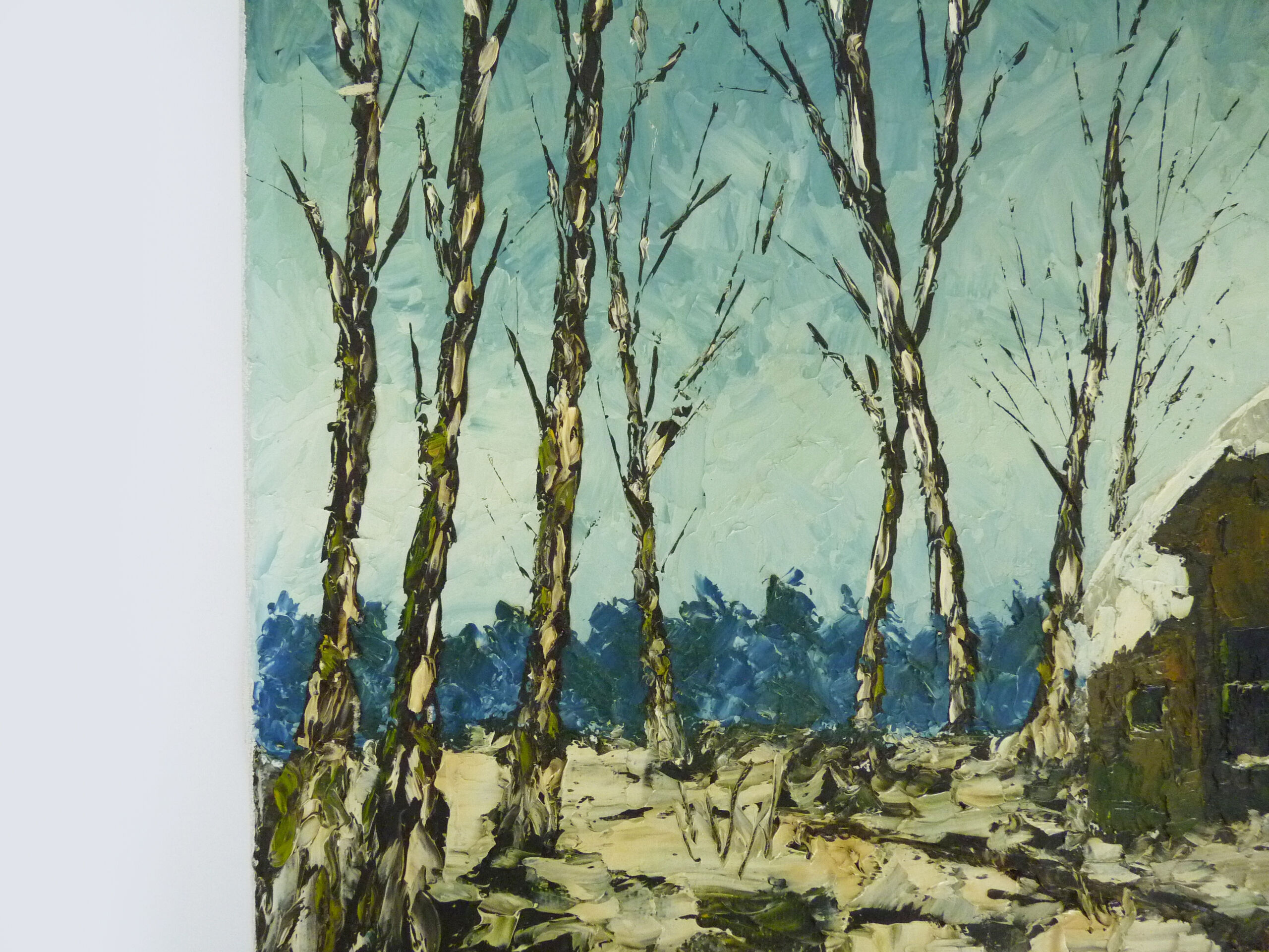 Oil on canvas village by Jan Van Dooren, winter landscape. Signed. 70s