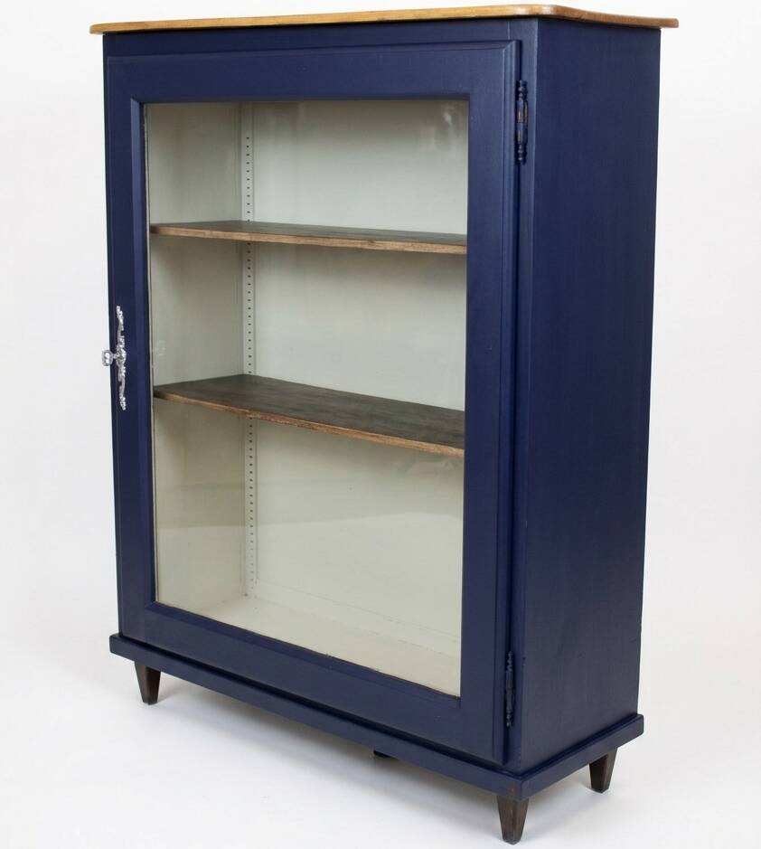Vintage low glass-fronted library in midnight blue, 1950s.