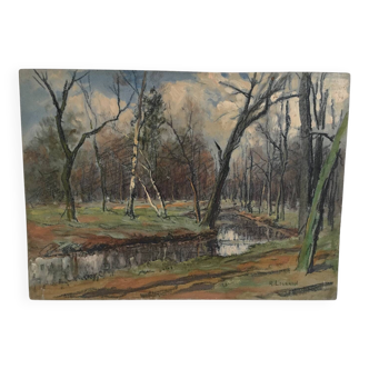 Old oil painting Forest landscape.