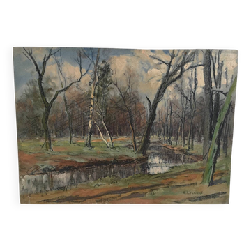 Old oil painting Forest landscape.