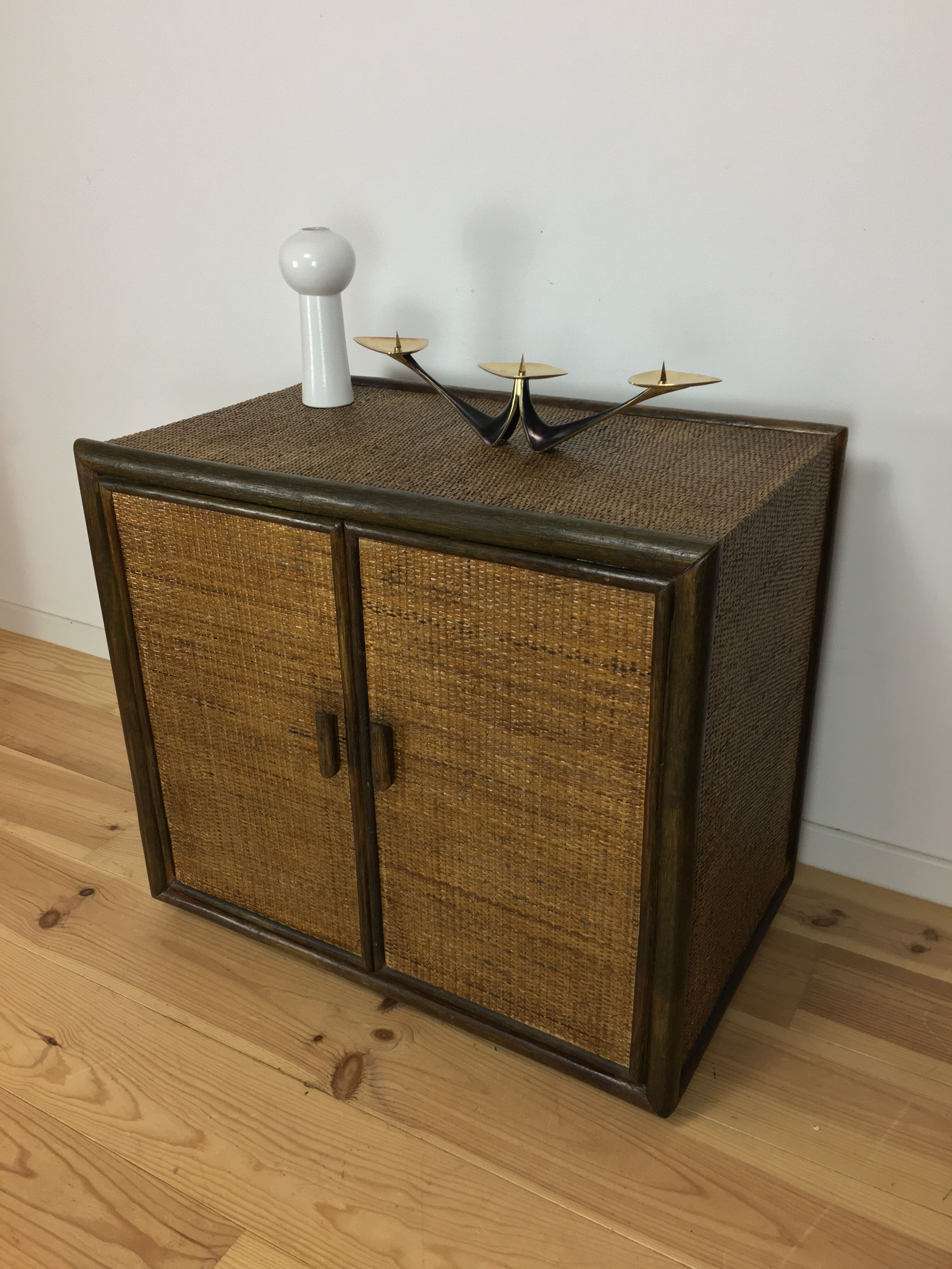 2-door woven rattan dresser, 70s